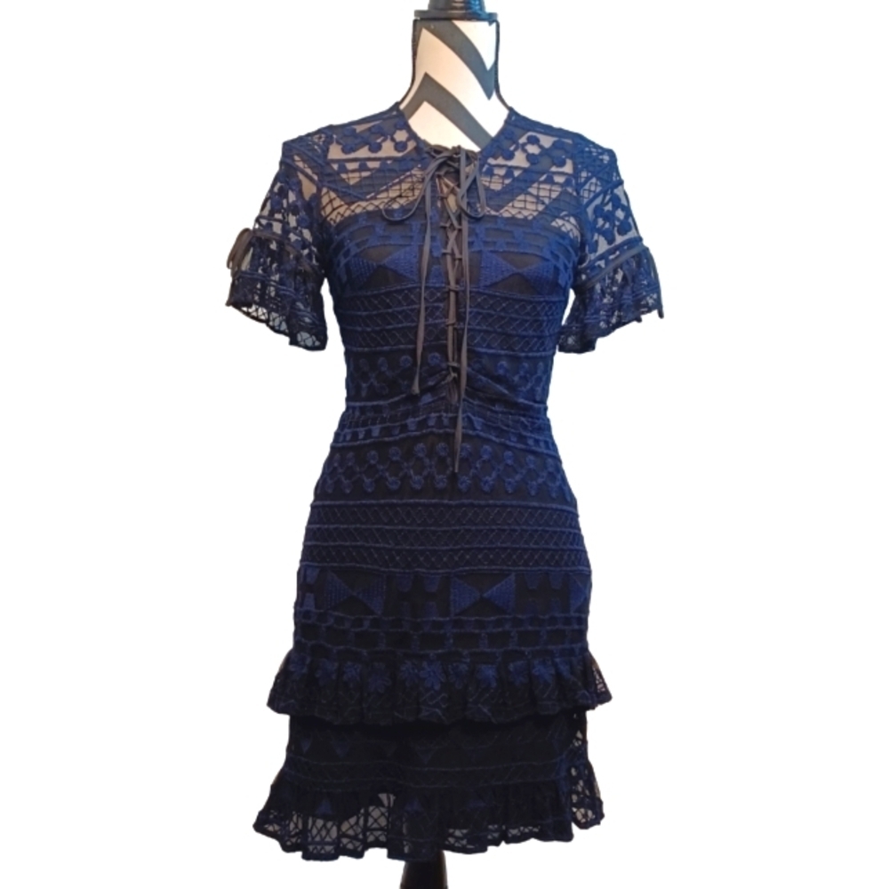 Parker Sz S Whimsigoth Dark Coquette Tiered Lace Ruffle Mini Dress